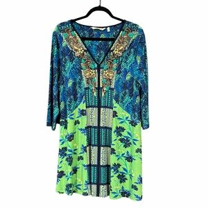 Soft Surroundings Tunic Top Green Blue Sequin Beaded Embroidered‎ Boho Size XL